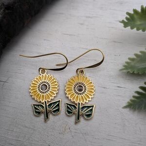 Sunflower Drop Earrings in Yellow and Green - Floral Jewelry